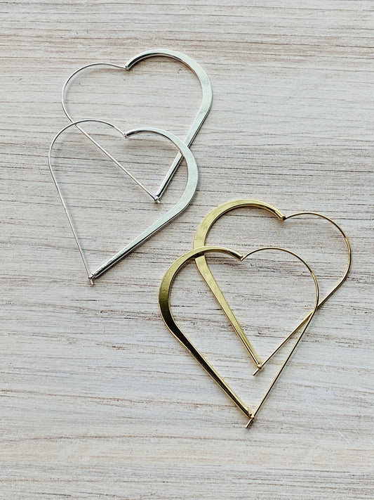 Wire Heart Hoops in Silver or Gold