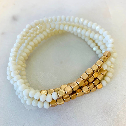 Five Strand Stone and Gold Bracelet Stack-White